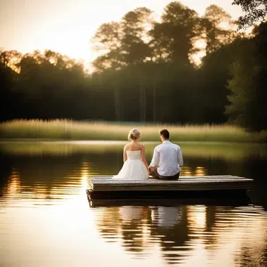 The couple sat on the edge of the pond, watching the sunset and reminiscing about their love story.