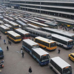 A bustling bus terminal with various buses of different sizes and colors