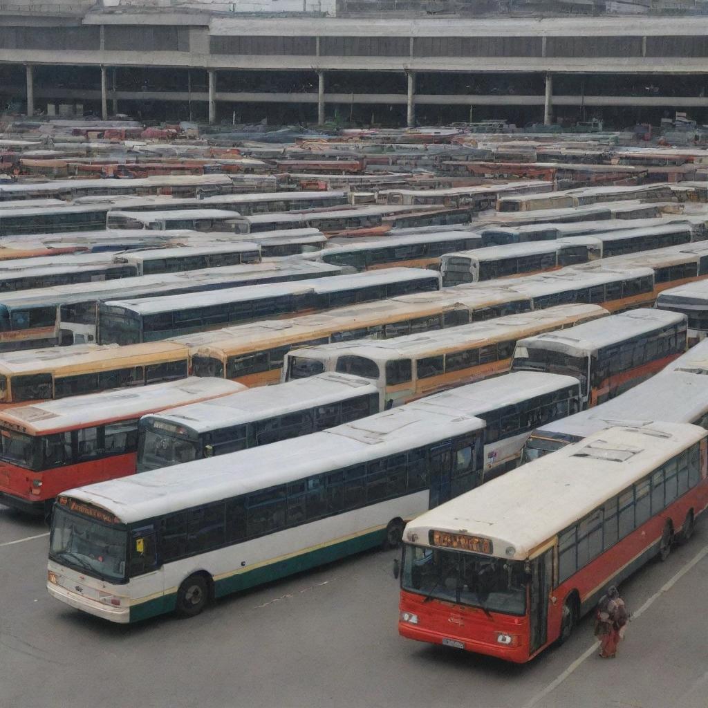 A bustling bus terminal with various buses of different sizes and colors