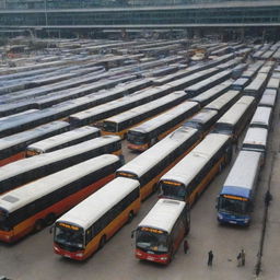 A bustling bus terminal with various buses of different sizes and colors