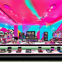 A vibrant cosmetics shop with a pop-art theme, bold graphic wall art, brightly lit display cases, and a wide selection of colorful makeup products.