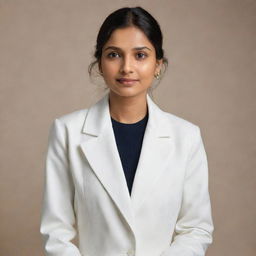 A distinguished Indian woman with fair skin gracefully dressed in a white coat