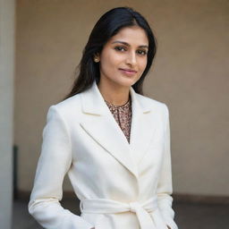 A distinguished Indian woman with fair skin gracefully dressed in a white coat