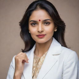 A distinguished Indian woman with fair skin gracefully dressed in a white coat