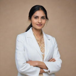 A distinguished Indian woman with fair skin gracefully dressed in a white coat