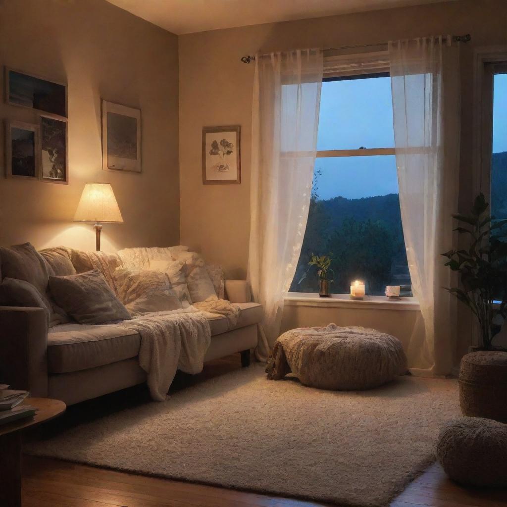 A peaceful evening scene from 8 to 10pm, showing elements that might make these hours the most enjoyable part of the day, such as a relaxing ambiance, a cozy room, soft lighting, and favorite objects around.