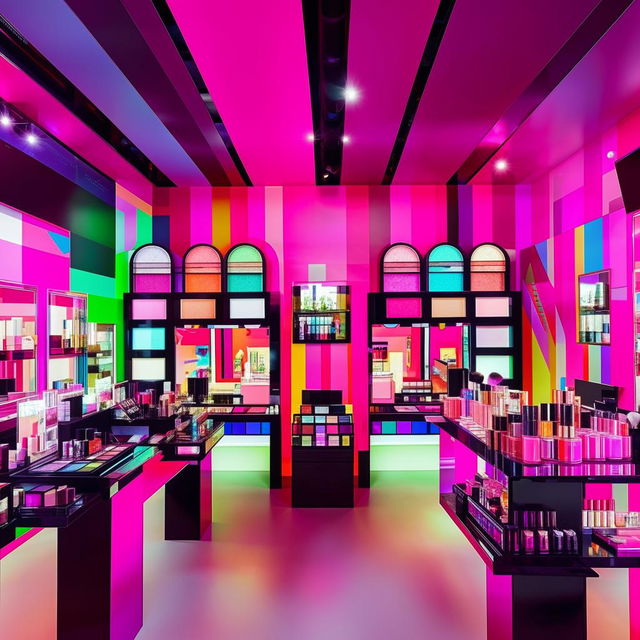 A vibrant cosmetics shop with a pop-art theme, bold graphic wall art, brightly lit display cases, and a wide selection of colorful makeup products.