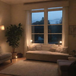 A peaceful evening scene from 8 to 10pm, showing elements that might make these hours the most enjoyable part of the day, such as a relaxing ambiance, a cozy room, soft lighting, and favorite objects around.