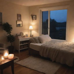 A peaceful evening scene from 8 to 10pm, showing elements that might make these hours the most enjoyable part of the day, such as a relaxing ambiance, a cozy room, soft lighting, and favorite objects around.