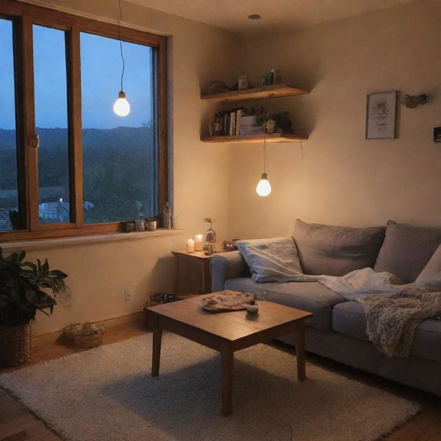 A peaceful evening scene from 8 to 10pm, showing elements that might make these hours the most enjoyable part of the day, such as a relaxing ambiance, a cozy room, soft lighting, and favorite objects around.