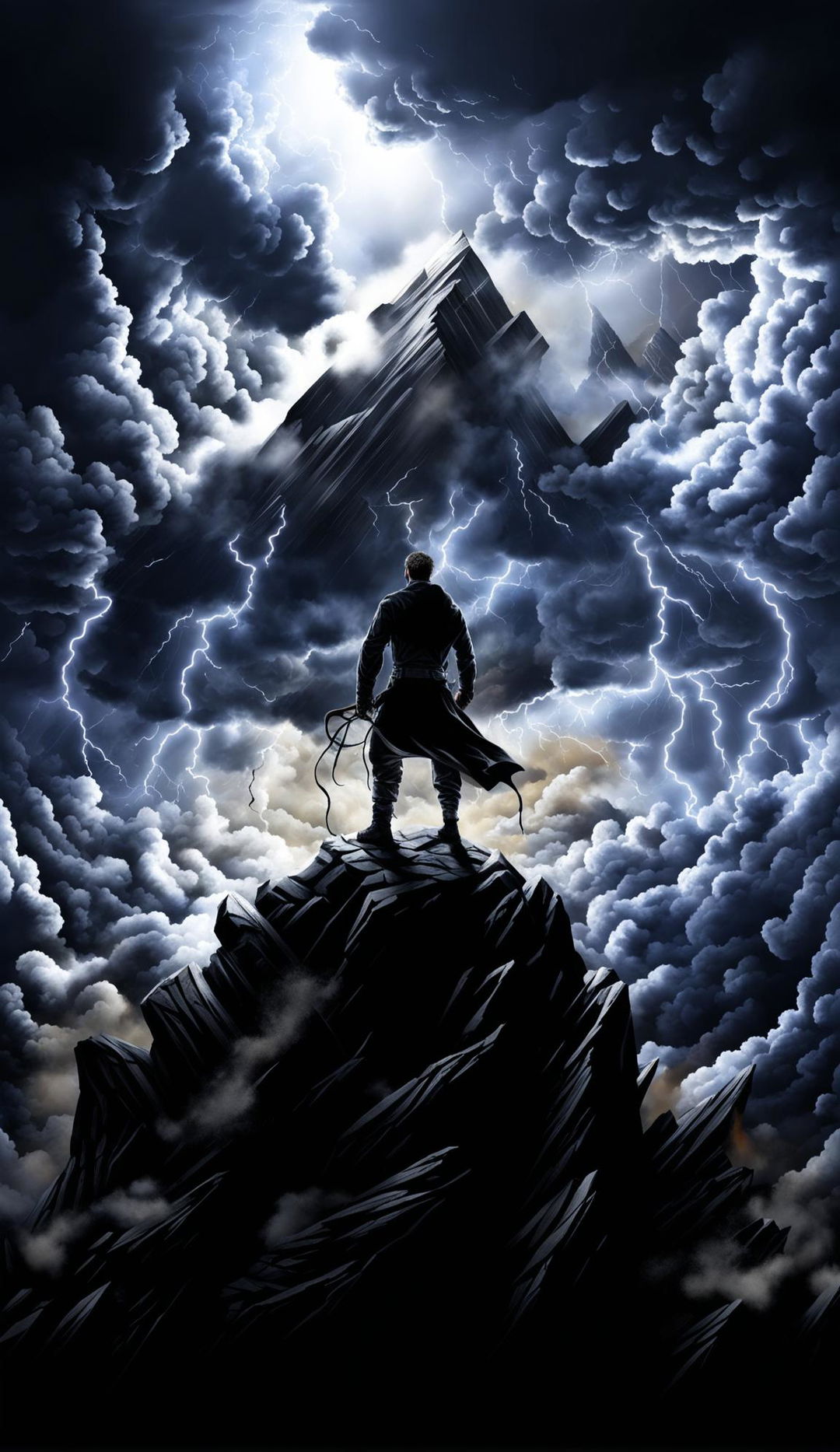 A lone figure stands victorious atop a rugged mountain peak under a stormy sky, embodying Nietzsche's concept of 'Will to Power'.