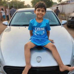 A young boy named Satvik, sitting cheerfully on a shiny car, sporting a custom dress with his name emblazoned across it in bold letters.