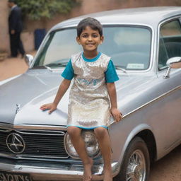 A young boy named Satvik, sitting cheerfully on a shiny car, sporting a custom dress with his name emblazoned across it in bold letters.