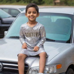 A young boy named Satvik, sitting cheerfully on a shiny car, sporting a custom dress with his name emblazoned across it in bold letters.