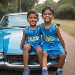 A young boy named Satvik, sitting cheerfully on a shiny car, sporting a custom dress with his name emblazoned across it in bold letters.