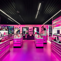 A vibrant cosmetics shop with a pop-art theme, bold graphic wall art, brightly lit display cases, and a wide selection of colorful makeup products.