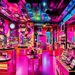 A vibrant cosmetics shop with a pop-art theme, bold graphic wall art, brightly lit display cases, and a wide selection of colorful makeup products.