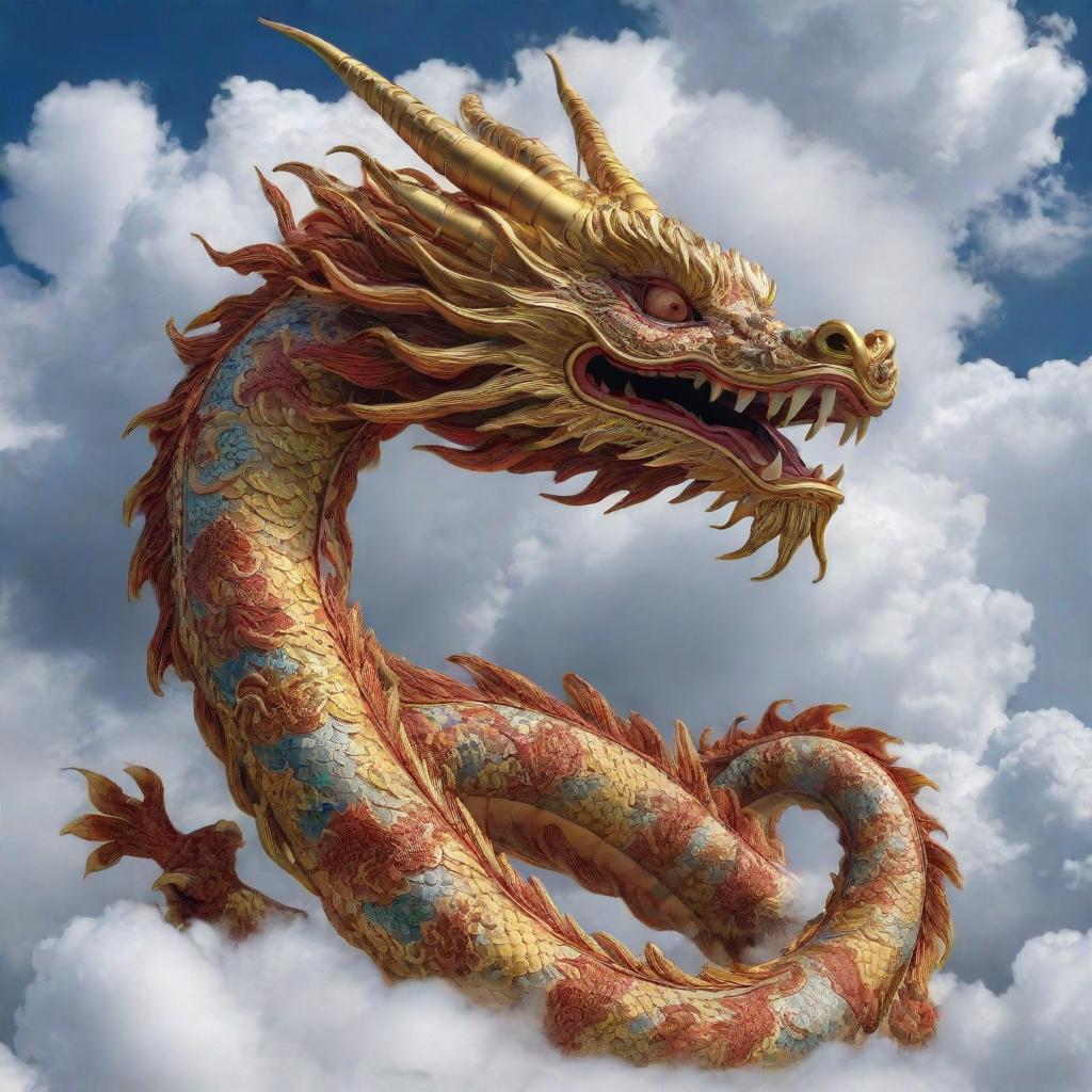 A majestic and powerful Chinese dragon, intricately detailed with traditional designs, coiling in the sky among the clouds.