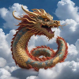 A majestic and powerful Chinese dragon, intricately detailed with traditional designs, coiling in the sky among the clouds.