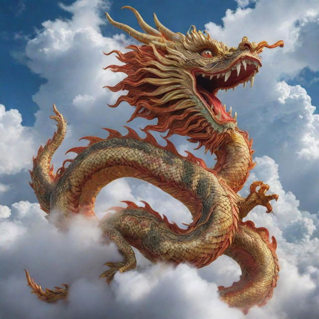 A majestic and powerful Chinese dragon, intricately detailed with traditional designs, coiling in the sky among the clouds.