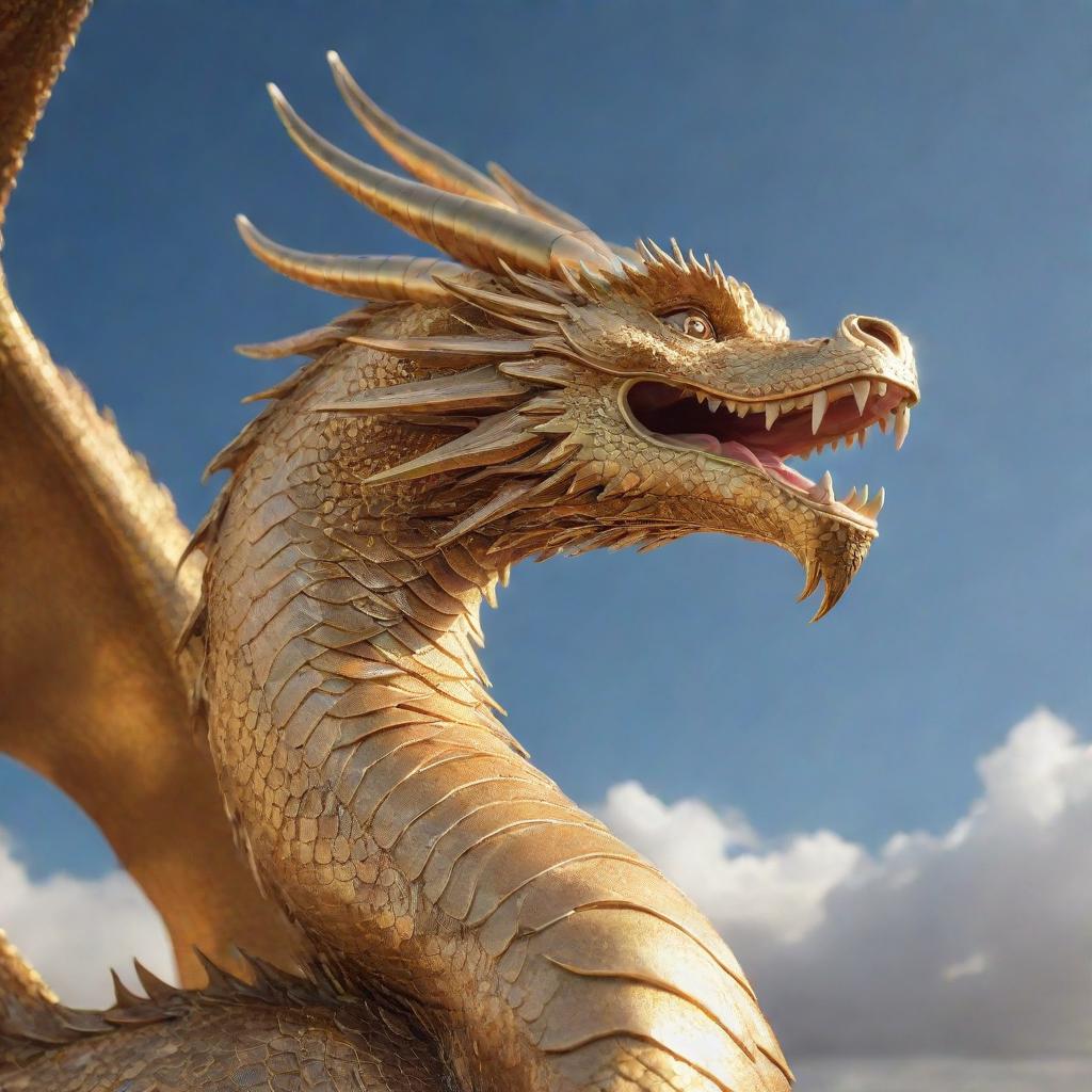 A majestic golden dragon, its scales shimmering in soft light, soaring in the sky.