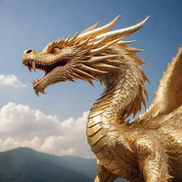 A majestic golden dragon, its scales shimmering in soft light, soaring in the sky.