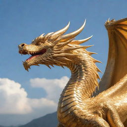 A majestic golden dragon, its scales shimmering in soft light, soaring in the sky.