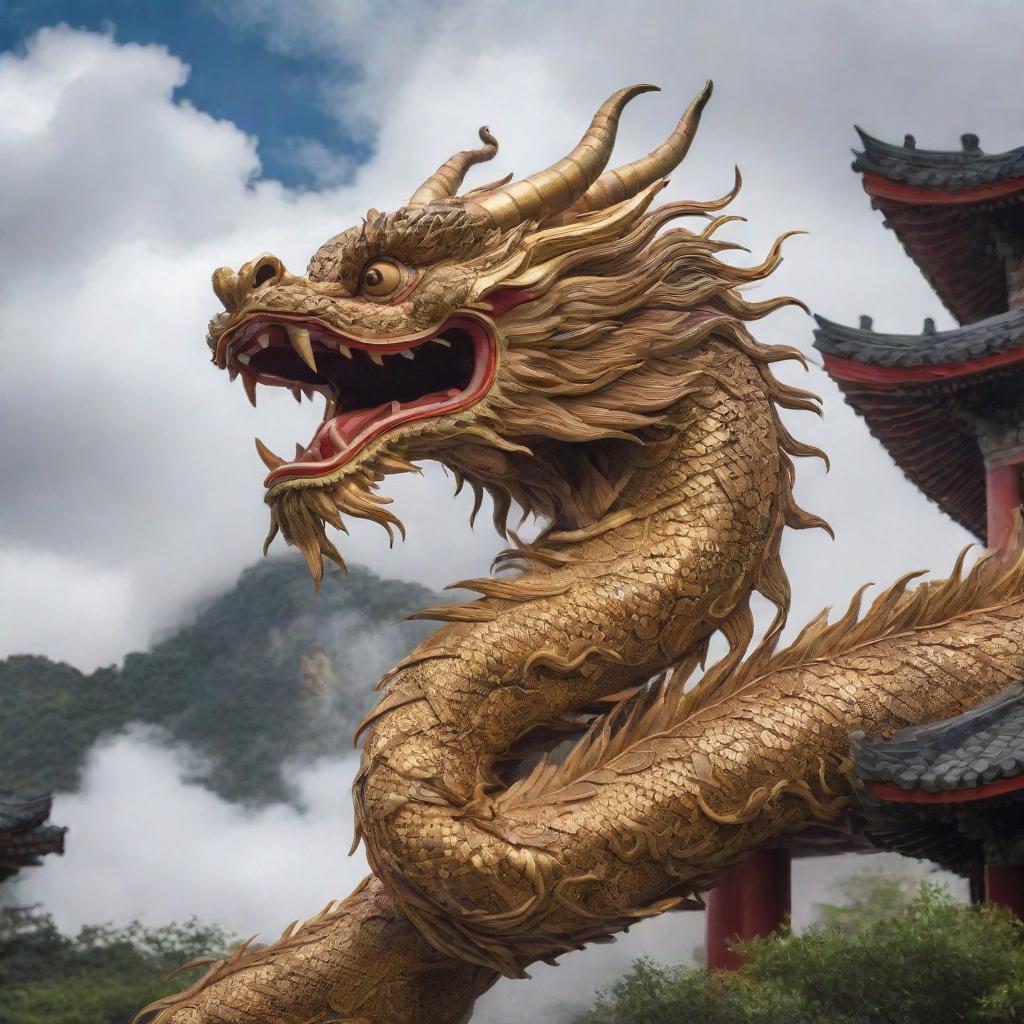 A majestic Chinese dragon with elaborate scales and flowing mane, swirling amidst clouds against the backdrop of traditional Chinese architecture and bamboo forests.