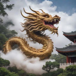 A majestic Chinese dragon with elaborate scales and flowing mane, swirling amidst clouds against the backdrop of traditional Chinese architecture and bamboo forests.