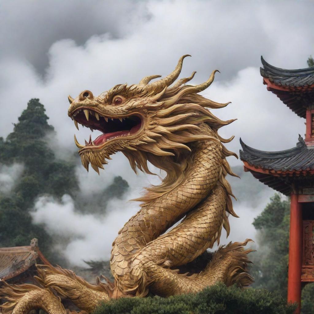 A majestic Chinese dragon with elaborate scales and flowing mane, swirling amidst clouds against the backdrop of traditional Chinese architecture and bamboo forests.