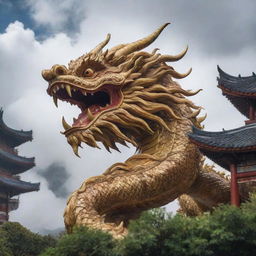 A majestic Chinese dragon with elaborate scales and flowing mane, swirling amidst clouds against the backdrop of traditional Chinese architecture and bamboo forests.