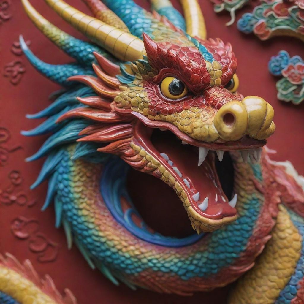 A detailed close-up of a traditional Chinese dragon with vibrant colors and intricate scales.