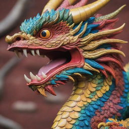 A detailed close-up of a traditional Chinese dragon with vibrant colors and intricate scales.