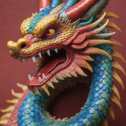 A detailed close-up of a traditional Chinese dragon with vibrant colors and intricate scales.