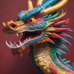 A detailed close-up of a traditional Chinese dragon with vibrant colors and intricate scales.