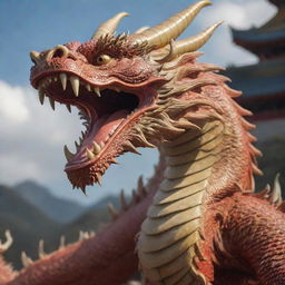 A powerful Chinese dragon in the foreground, its scales gleaming, claws sharp, eyes bright, and lithe body swirling through the air.