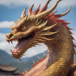 A powerful Chinese dragon in the foreground, its scales gleaming, claws sharp, eyes bright, and lithe body swirling through the air.