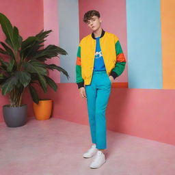 An aesthetic, stylish boy showcasing a fashionable outfit in a vibrant, contemporary setting