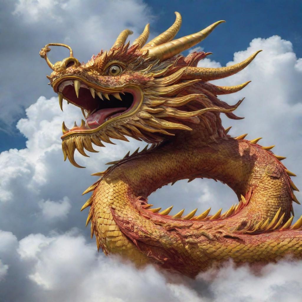 A majestic Chinese dragon in the foreground, surrounded by auspicious clouds