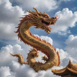 A majestic Chinese dragon in the foreground, surrounded by auspicious clouds