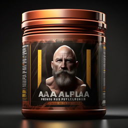 Illustrate an alpha pre workout supplement tub, ultra-masculine, inspired by Joe Rogan, with bold fonts and powerful graphics.