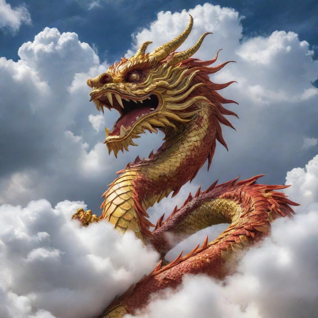 A majestic Chinese dragon in the foreground, surrounded by auspicious clouds