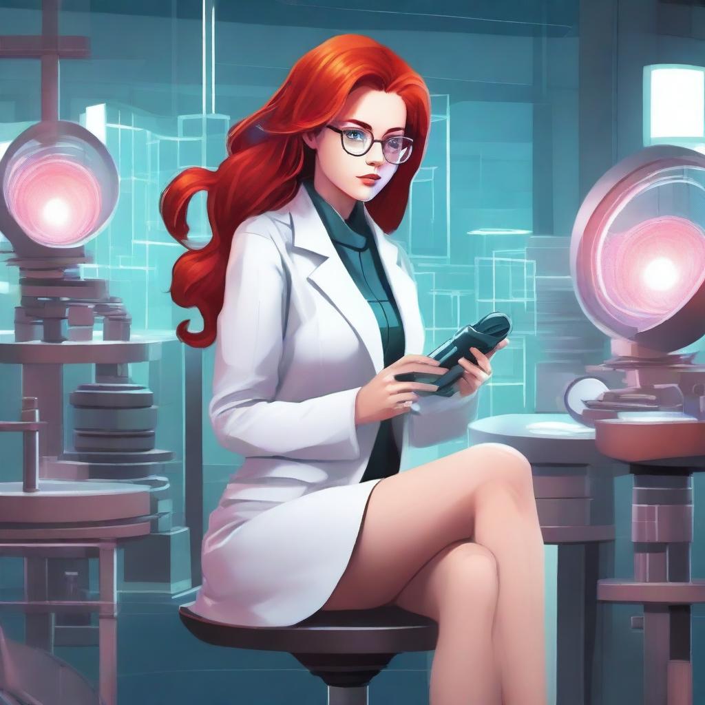 A digital art of a poised woman with fiery red hair, clad in a lab coat and wearing glasses, sitting in a futuristic laboratory