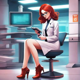 A digital art of a poised woman with fiery red hair, clad in a lab coat and wearing glasses, sitting in a futuristic laboratory