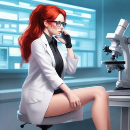 A digital art of a poised woman with fiery red hair, clad in a lab coat and wearing glasses, sitting in a futuristic laboratory