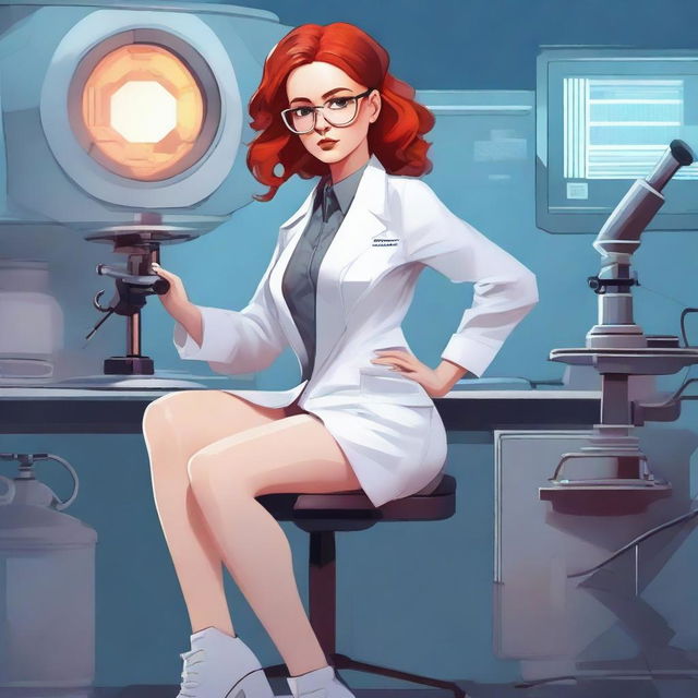 A digital art of a poised woman with fiery red hair, clad in a lab coat and wearing glasses, sitting in a futuristic laboratory