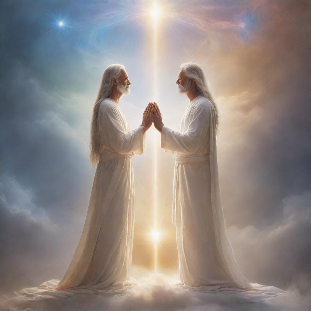 Lord and human merging in a harmonic and ethereal blend, symbolizing unity and transcendence. The scene is filled with profound serenity and divine light.