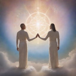 Lord and human merging in a harmonic and ethereal blend, symbolizing unity and transcendence. The scene is filled with profound serenity and divine light.