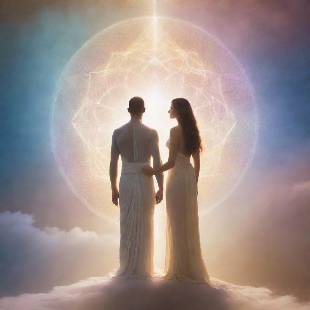 Lord and human merging in a harmonic and ethereal blend, symbolizing unity and transcendence. The scene is filled with profound serenity and divine light.