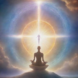 Lord and human merging in a harmonic and ethereal blend, symbolizing unity and transcendence. The scene is filled with profound serenity and divine light.